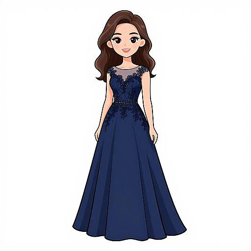 Digital anime-style illustration of a smiling young woman with long brown hair, wearing a dark blue, sleeveless, lace-trimmed ball gown.