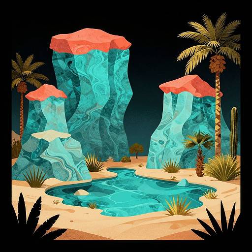 Digital illustration of a surreal desert scene with blue, marble-textured rock formations with red roofs, a turquoise pool, and palm trees.