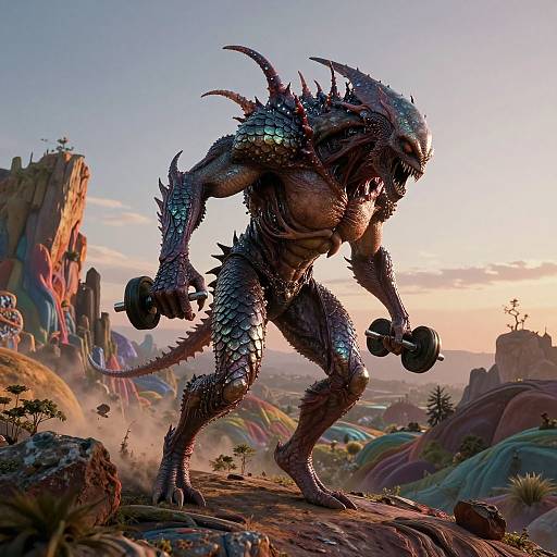 Digital artwork of a muscular, reptilian alien with spiked armor, holding dumbbells, standing on a colorful, rocky, alien landscape at sunset.