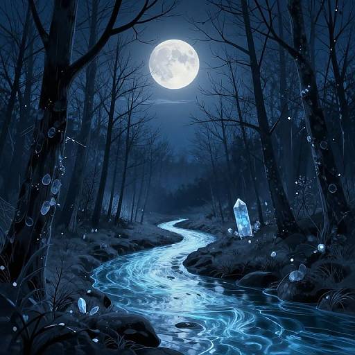 Digital artwork: Moonlit forest with glowing blue stream, luminescent bubbles, and a crystalline structure under a bright full moon.
