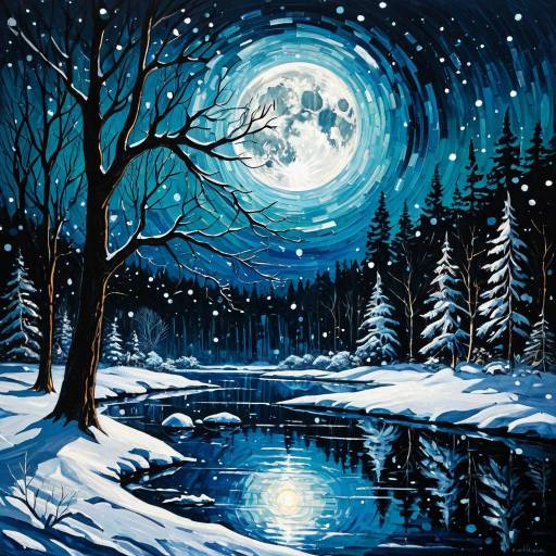 Mystical Winter Night Landscape Painting