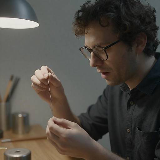 Man Examining Thin Wire Thread in Workshop