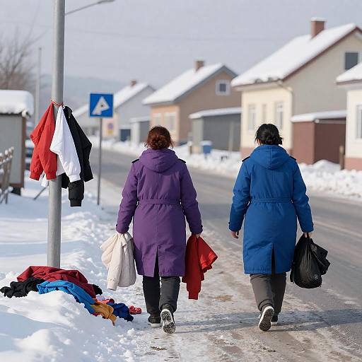 Women in Colorful Coats on Snowy Street