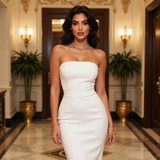 Photograph of a dark-haired woman in a strapless white form-fitting dress, standing in an opulent hallway with golden accents and potted plants