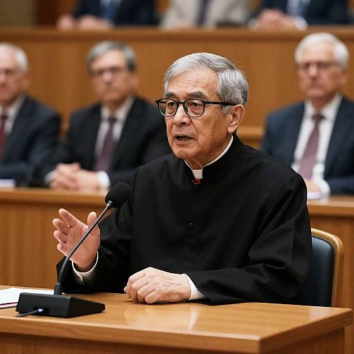 Elderly Speaker at Wooden Table