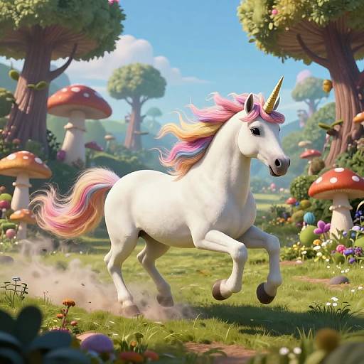 Digital artwork of a white unicorn with a pink, yellow, and purple mane galloping through a vibrant, enchanted forest with giant mushrooms and colorful flowers