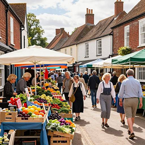Colorful photograph of a bustling outdoor market street with vendors' stalls, white umbrellas, and diverse elderly shoppers browsing fresh fruits, vegetables, and goods
