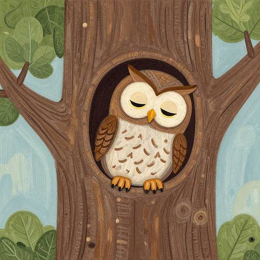 Digital illustration of a sleepy brown and white owl with closed eyes, perched in a circular tree hollow, surrounded by green leaves and a blue sky.