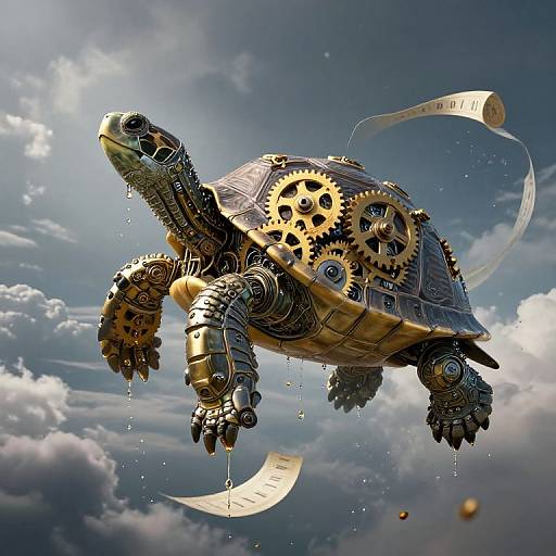 Steampunk-style mechanical turtle with gears, clockwork limbs, and dripping wax flying through a cloudy sky, surrounded by floating paper scrolls. Digital artwork