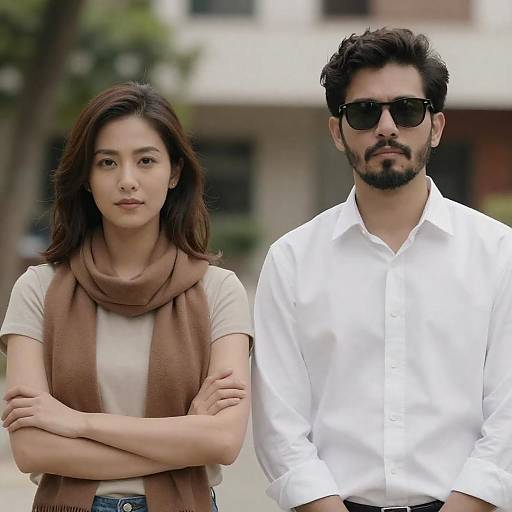 Photograph of an Asian woman with medium-length dark hair, brown scarf, and white shirt, standing beside a bearded man with dark hair, black
