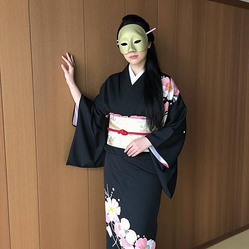 Woman in Black Floral Kimono Wearing Green Mask