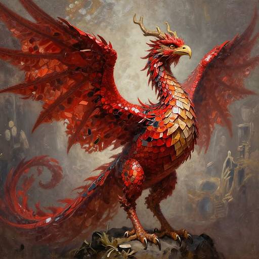 Digital painting of a majestic, red-scaled, winged dragon with golden horns and sharp claws, standing on a rocky ledge against a cloudy, mystical