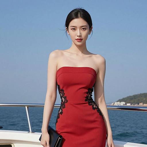 Photograph of an East Asian woman with fair skin, black hair in a bun, wearing a strapless red dress with black lace accents, standing on