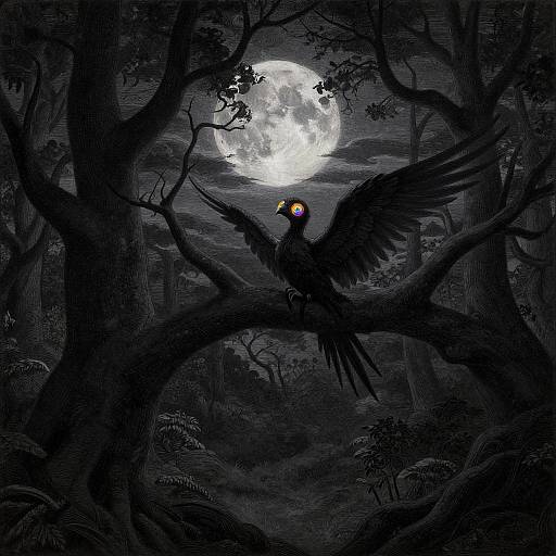 Digital artwork: Silhouetted black bird with glowing red-yellow eyes, wings spread, perched on twisted tree branch under a bright full moon in