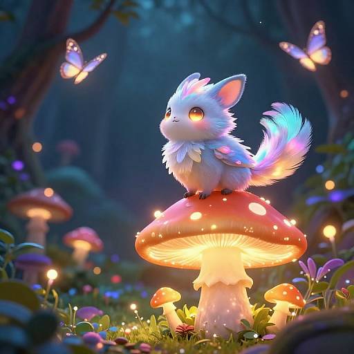 Whimsical digital art of a fluffy, white, fox-like creature with glowing eyes and a blue-tinted tail, perched on a glowing