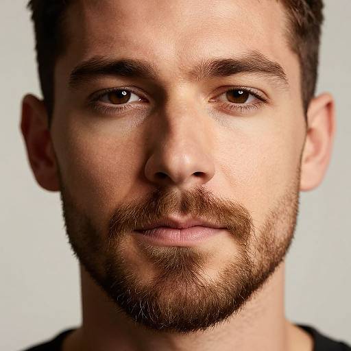 Close-up photograph of a bearded Caucasian man with brown hair, light skin, brown eyes, and neutral expression, against a plain white background.