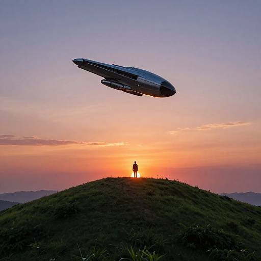 Photograph of a silhouetted figure standing on a grassy hill at sunset, with a flying saucer hovering above against a colorful, orange