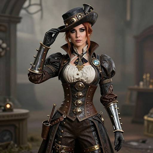 CGI steampunk woman with brown hair, black top hat, white blouse, brown corset, metallic armguards, and gloves, standing in