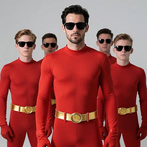 Photograph of five men in red superhero suits with gold belts and black sunglasses, standing in a row against a white background. Central figure is most prominent