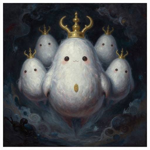 Digital painting of a fluffy white, crown-topped ghost with four smaller, similarly crowned, ghostly companions against a dark, misty background.