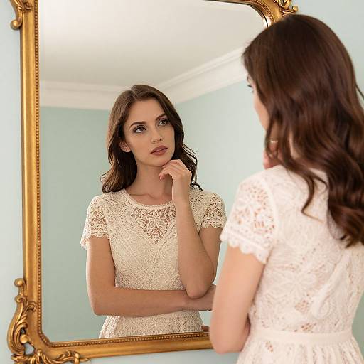 Photograph of a brunette woman with wavy hair, wearing a white lace dress, standing before an ornate gold-framed mirror, reflecting her thoughtful