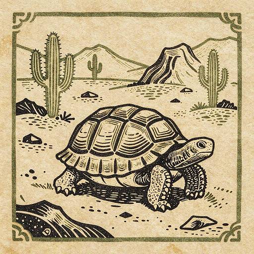 Woodcut Tortoise in Desert Landscape