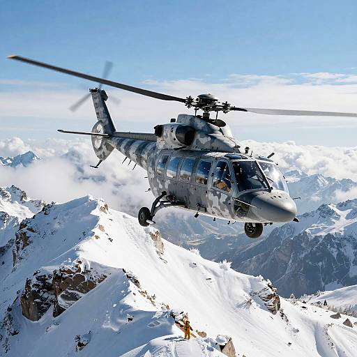 Military Helicopter Recon Over Snowy Peaks