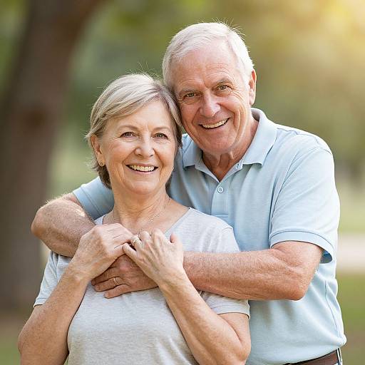 Photograph of an elderly couple smiling outdoors, with the man hugging the woman from behind, both wearing light-colored shirts.
