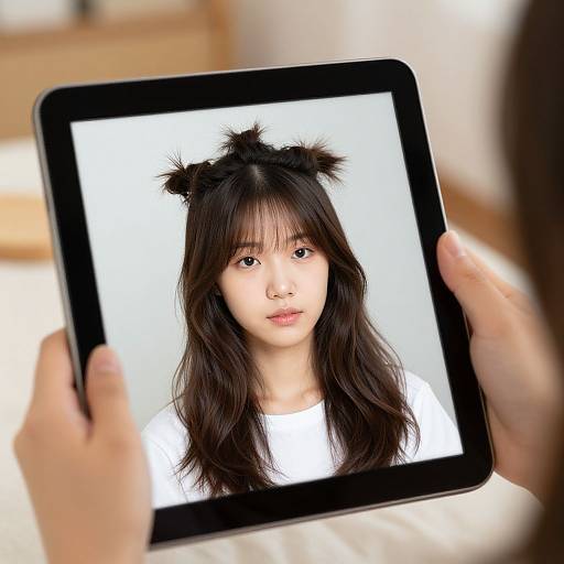 Photograph of an Asian woman with black hair in fluffy cat ears, shown on a black tablet held by two hands.
