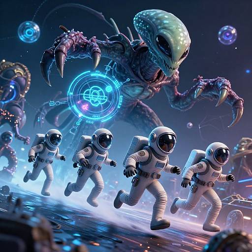 Space Adventurers Running From Alien Creature