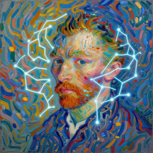Vibrant, abstract painting of a bearded man with glowing white star-like patterns around his head, set against a colorful, swirling background. Digital