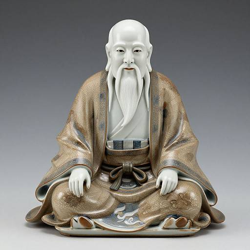 Photorealistic digital image of a serene white-skinned, bald, bearded Zen master statue in a golden, textured robe, sitting cross-legged against