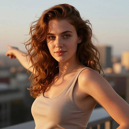 Photograph of a young woman with wavy brown hair, wearing a white tank top, pointing into the distance at sunset, cityscape blurred in background