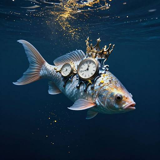 Photograph of a silver fish with three vintage clocks and a gold crown floating underwater, surrounded by glowing bubbles.