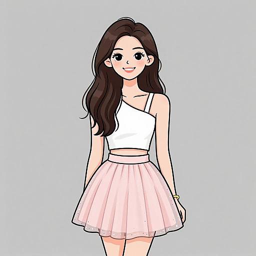 Digital anime-style drawing of a smiling young woman with long black hair, wearing a white one-shoulder crop top and pink tulle skirt, against