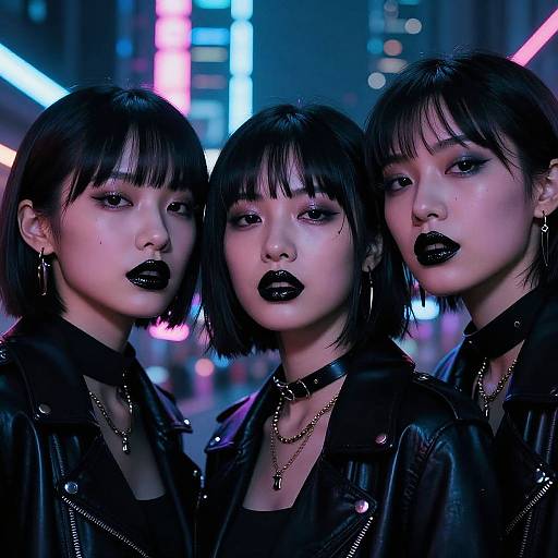 Photograph of three Asian women with black bob hair, heavy black makeup, leather jackets, and neon city background, exuding a cyberpunk vibe.