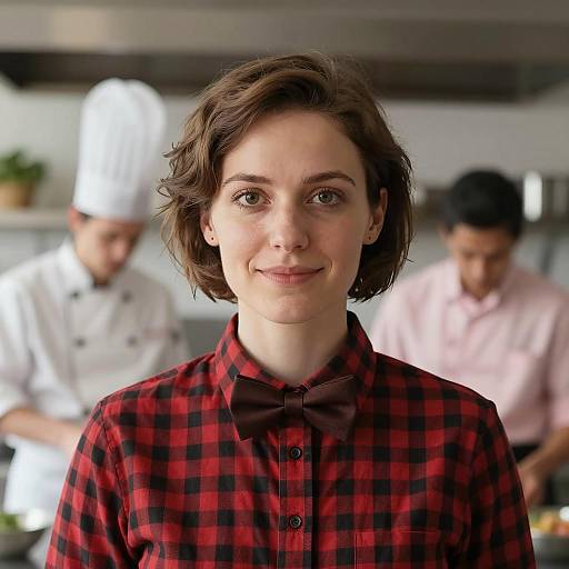 Charming Woman in Industrial Kitchen Scene