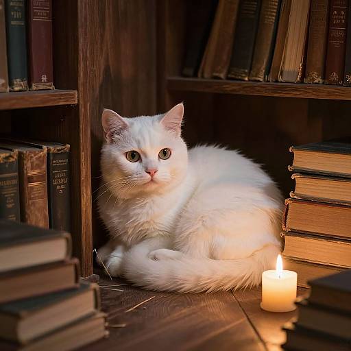 Photograph of a white cat with blue eyes, lying between bookshelves with lit candle, illuminating its fluffy fur. Cozy, warm library