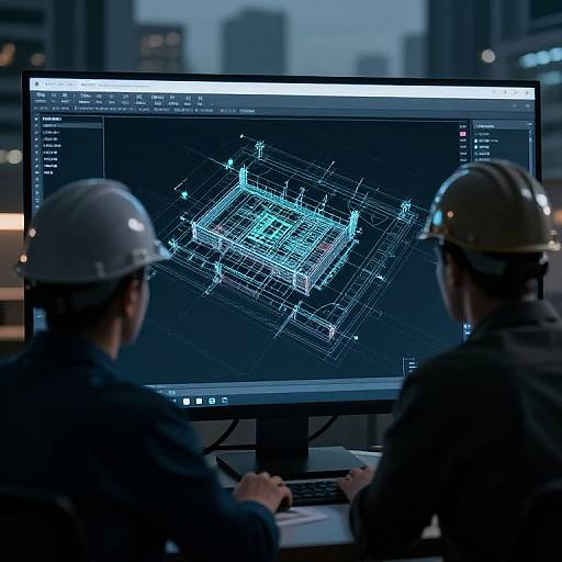 Photograph of two engineers in white hard hats, seated at a desk, viewing a 3D blue architectural blueprint on a computer screen in a modern