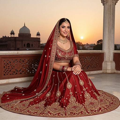 Photograph of a South Asian bride in a red and gold embroidered lehenga, seated on a balcony at sunset, with a historic building in the background