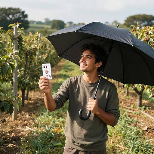 Drone View of Smiling Figure in Orchard