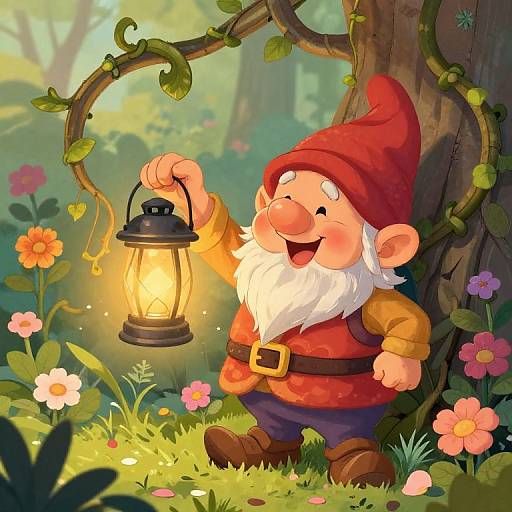 Cartoon gnome with red hat, orange shirt, and brown belt, holds glowing lantern, smiling, standing by tree in colorful forest.