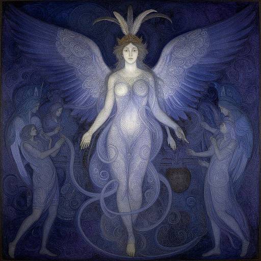 Digital artwork of a luminous, blue-winged angel with a feathered crown, surrounded by ethereal, blue-hued, winged figures in