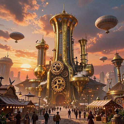 Steampunk cityscape at sunset, featuring a towering golden clock tower with gears, surrounded by airships, market stalls, and bustling pedestrians.