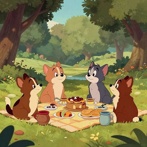 1940s Cartoon Animals Picnic Scene