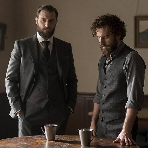 Two Men in Dim Rustic Room