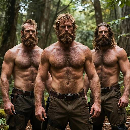 Muscular Hairy Men with Beards in Forest