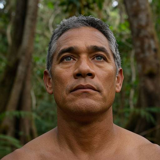 Close-up photograph of a middle-aged, shirtless man with short gray hair, blue eyes, and tanned skin, standing in a lush, green