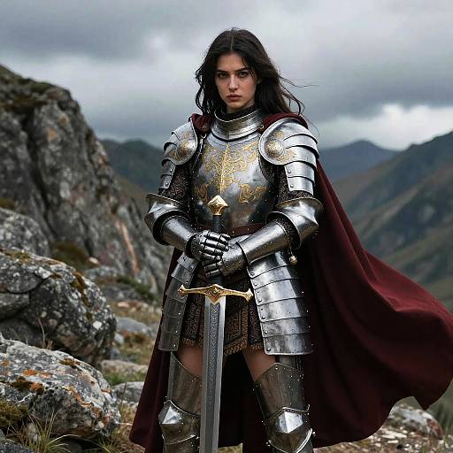Photorealistic image of a dark-haired woman in silver armor with a red cape, holding a sword, standing on rocky mountain terrain.