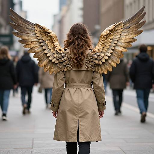 Photograph of a woman with long brown hair, golden feathered wings, and a beige trench coat, standing in a busy urban street, blurred pedestrians